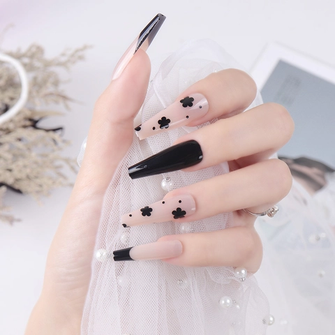 Long Coffin Press On Nagels Zwarte Franse Tips Bloempatroon Nude Glanzend Kunstnagels Valse Vingernagels