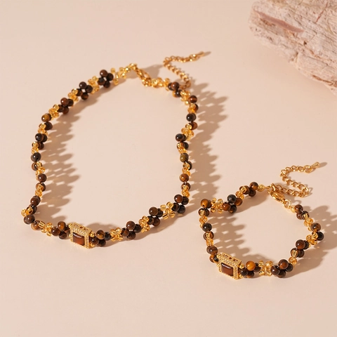 Collana Con Pendente Quadrato Vintage Imitazione Pietra Occhio Di Tigre Zircone Perline Catena Di Rame Stile Maillard Gioielli Donna