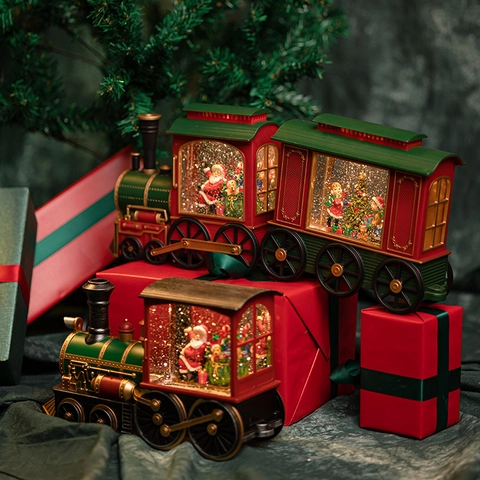 Tren De Navidad Bola De Nieve Adorno Plástico LED Luz Efecto De Nieve Musical Decoración Escritorio Locomotora Vintage