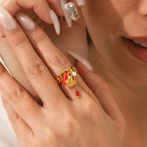 Anillo Abierto De Acero Inoxidable Con Dijes De Concha Perla Artificial Y Borla Roja Estilo Océano Vacaciones Impermeable Mujeres