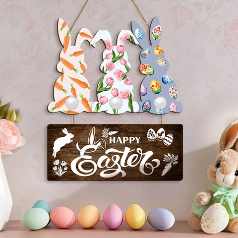 Easter Bunny Wall Hanging Plaque Wooden Hollow Rabbit Sign Happy Easter Ornament With Hemp Rope For Kitchen Home Decor