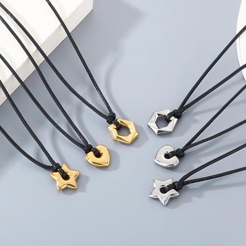 Collana Pendente Minimalista Acciaio Inossidabile 304 Ciondoli Cuore Stella Esagono Cordino Nylon Nero Regolabile Gioielli