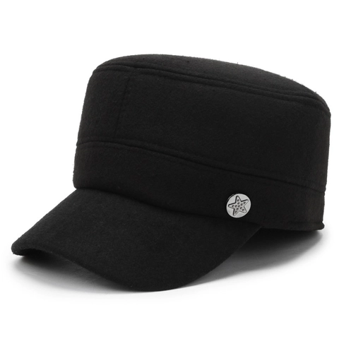 Gorra Militar Hombre Invierno Cálida Lana Sombrero Plano Con Orejeras Estrella Metal Ajustable Cortavientos Clásico