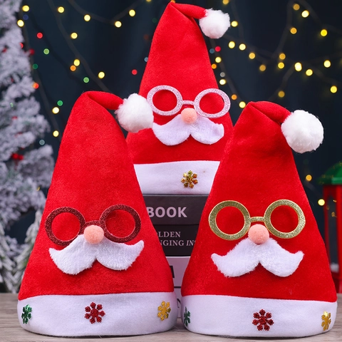 Novelty Christmas Santa Hat With Glasses Beard Snowflake Sequin Blended Fabric Plush For Festive Holiday Party Adults Kids