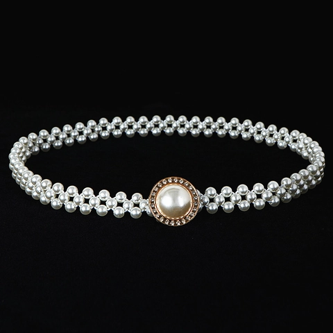 Elegant Artificial Pearl Waist Chain For Women Zinc Alloy Rhinestone Buckle Elastic Dress Belt Fashion Jewelry Accessories