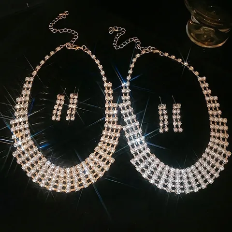 Luxury Rhinestone Hollow Geometric Necklace And Earrings Jewelry Copper Sparkling Formal Wedding Elegant For Women