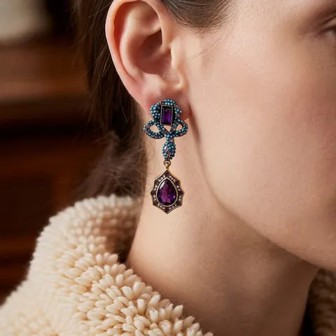 Gioielli Barocchi Vintage Collana E Orecchini A Goccia Lega Strass Con Perno In Argento Goccia Viola Lusso Donna