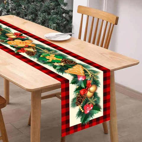 Christmas Table Runner Buffalo Plaid Polyester Holiday Dining Room Decor Gingerbread Man Poinsettia Floral Pattern