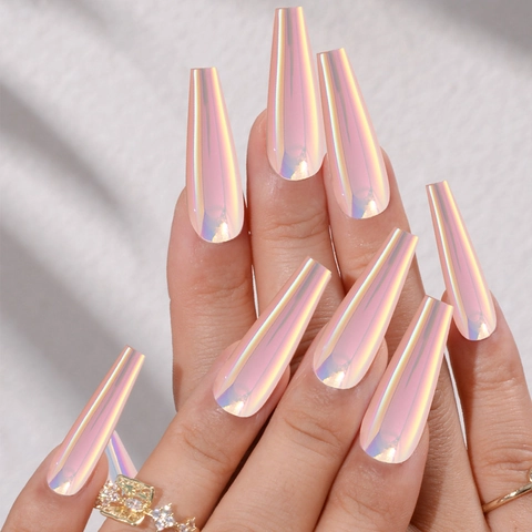 Uñas Postizas Press On Largas Ataúd Rosa Aurora Cromo Espejo Iridiscente Manicura De Cobertura Completa