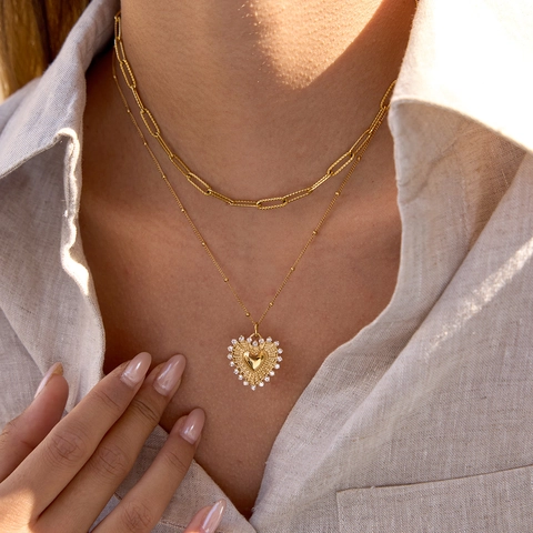 Collana Con Ciondolo A Cuore Elegante Acciaio Inossidabile Con Pietra Rossa E Strass Colore Oro Impermeabile Per Donne