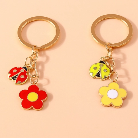 Porte-clés Coccinelle Fleur Alliage De Zinc Émail Charme De Sac Pendentif Style Pastoral Anneau De Clé Cadeau