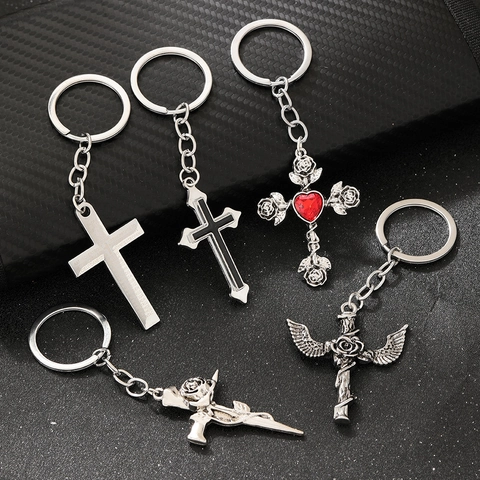 Portachiavi Croce Gotica Lega Di Zinco Cuore Strass Rosa Fiore Gioielli Scrittura Religiosa Per Uomini Donne Regalo