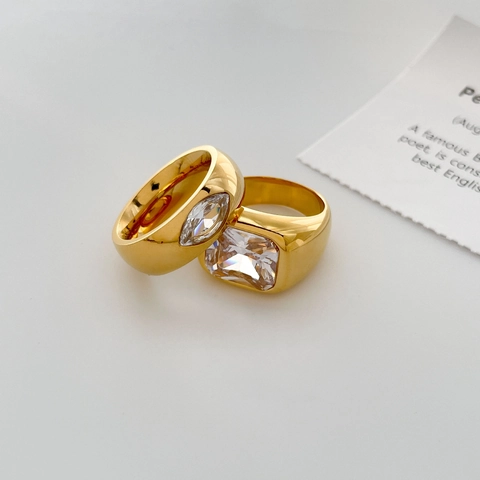 Vintage Women Ring Titanium Steel 18K Gold Plated Colorful Heart Square Zircon Marquise Eye Retro Jewelry