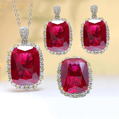 Luxury Copper Red Rhinestone Jewelry Set For Women Pigeon Blood Ruby Style Inlaid Geometric Pendant Ring Ear Studs Banquet Gift