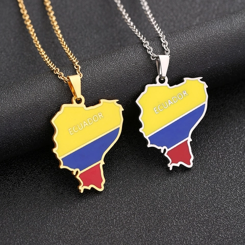 Collar con Colgante del Mapa de Ecuador en Acero Inoxidable Esmalte Color de Bandera Joyería para Mujer Hombre Estilo Occidental