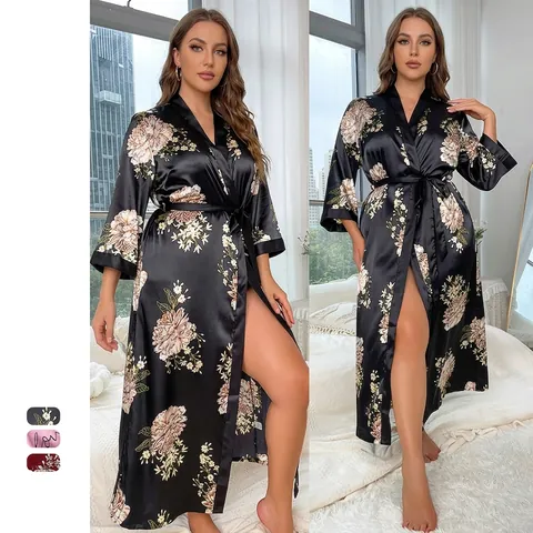 Women Plus Size Long Robe Satin Imitation Satin V Neck Sleepwear Floral Leopard Print Loungewear Belt