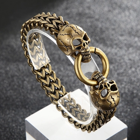Pulsera Calavera Hombre Acero Inoxidable 316L Cadena Trenzada Punk Gótico Joyería Motero Metal Pulido