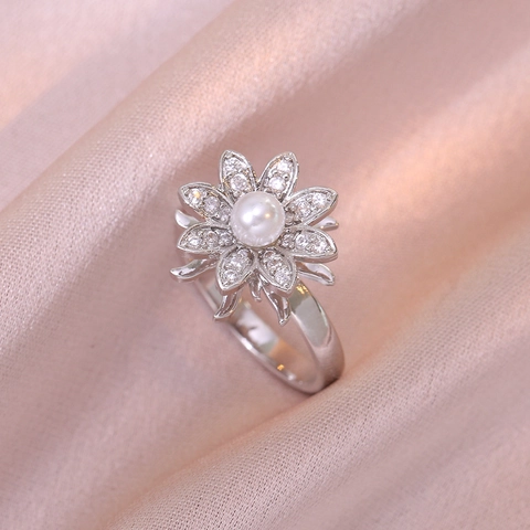 Rotating Flower Pearl Cubic Zirconia Necklace For Women Stainless Steel Elegant Sunflower Pendant Jewelry Adjustable Ring