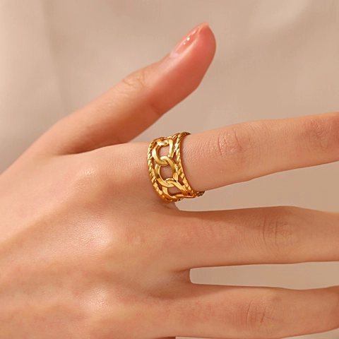 Anillo De Acero Inoxidable Para Mujer Ajustable Cadena Hueca Geométrico Vintage Chapado En Oro Joyería Minimalista