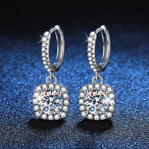 Pendientes Colgantes Halo de Plata de Ley 925 Moissanita para Mujer Piedra Brillante de Corte Redondo Cuadrado Joyería Boda