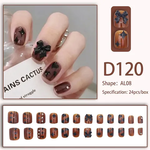 Unghie Finte Ambra Marrone Caffè Scuro Fiocco Nero Cuore Stella Strass Corto Quadrato Stile Dolce Cool Moda Donna