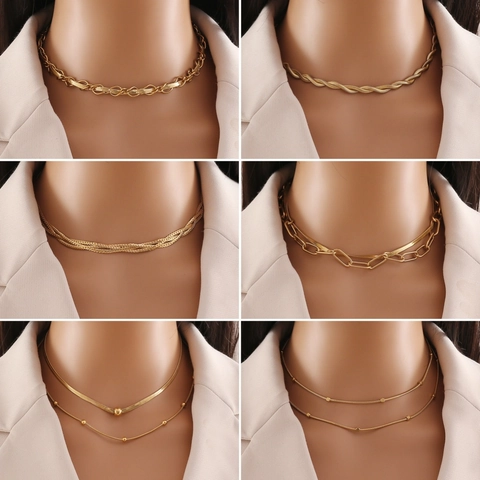 Elegant Double Layer Stainless Steel Necklace Gold Plated Chic Snake Paperclip Chain Choker For Women
