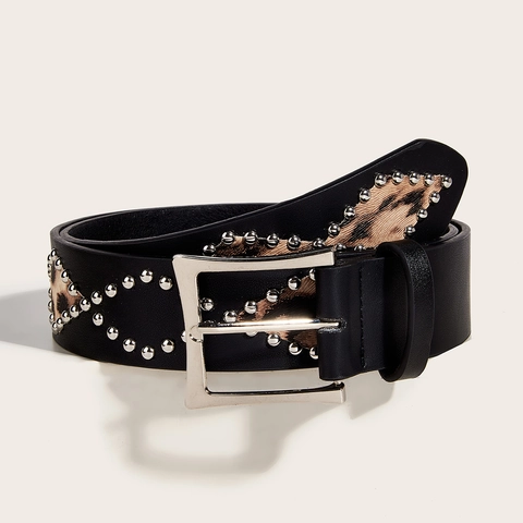 Leopard Print Faux Leather Belt Women Punk Style Silver Studded Western Waistband With Square Pin Buckle
