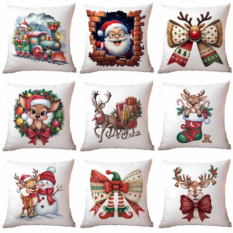 Federa Per Cuscino Natalizia Morbido Peluche Corto Stampa Digitale Cartone Animato Renna Pupazzo Di Neve Acquerello Decoro