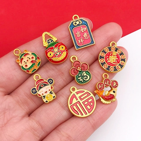 Chinese Stijl Nieuwjaar Bedeltjes Zinklegering Emaille Gelukshangers DIY Sieraden Maken Accessoire