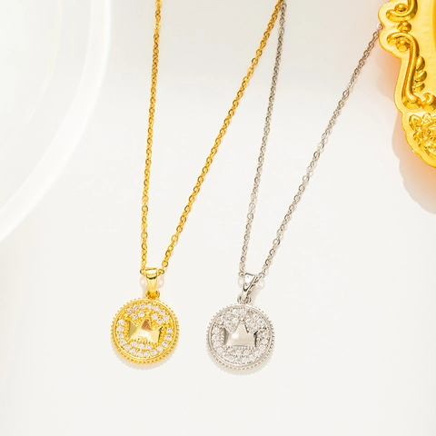 Collar Colgante Corona Redonda Chapado En Oro Acero Inoxidable Zirconia Joyería Moda Para Mujer Elegante Minimalista