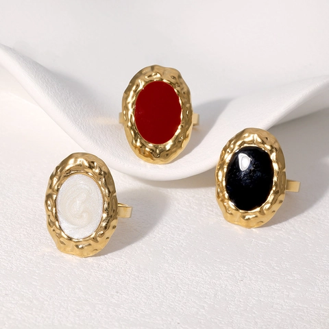Vintage Französischer Stil Oval Emaille Ring Vergoldet Edelstahl Hammerschlag Textur Verstellbar Offen Schmuck Damen