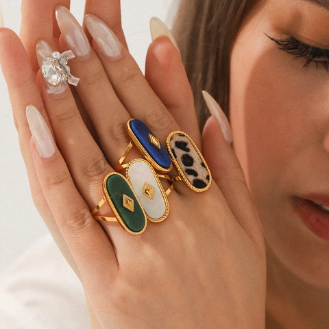 Retro Ovaler Ring Damen 18K Vergoldet Edelstahl Naturstein Perlmutt Geometrischer Verstellbarer Fingerschmuck