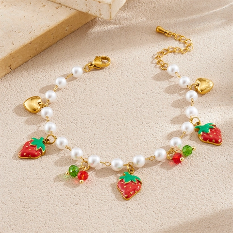 Stainless Steel Faux Artificial Pearl Bracelet Gold Plated Fruit Strawberry Cherry Watermelon Heart Pendant Sweet Fashion Jewelry For Women