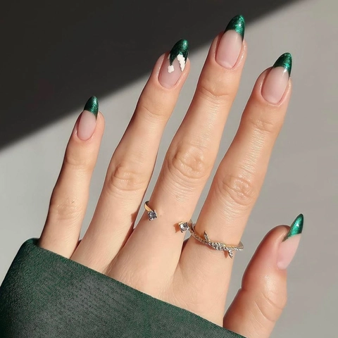 Uñas Postizas Punta Francesa Verde Almendra Con Diseño Gorro Navidad Purpurina Manicura Artificial Festiva Mujeres