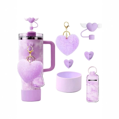 Heart Plush Keychain Silicone Cup Boot Straw Cover Lip Balm Holder Marble Pattern Pink Purple Tumbler Decoration Accessory