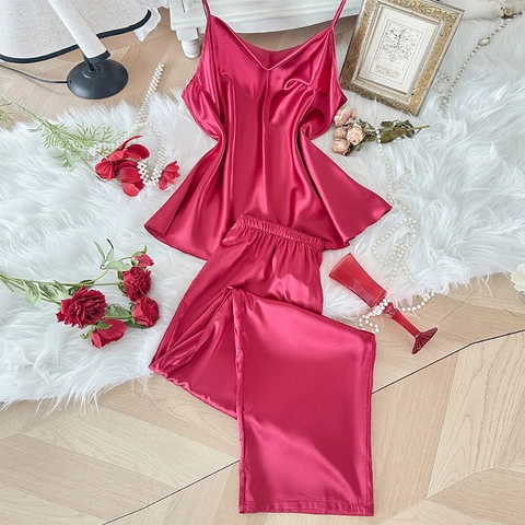Damen Übergrößen Pyjama Camisole Top Und Hose ImitationsSatin Satin V-Ausschnitt Spaghettiträger Loungewear