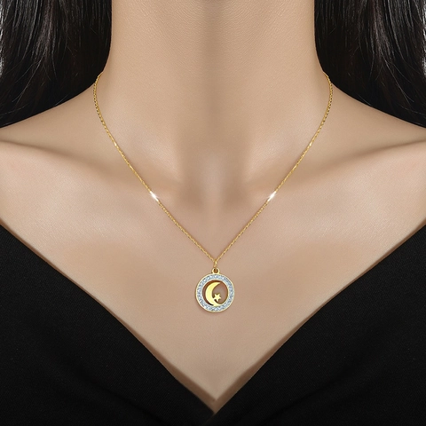 Titanium Stahl Mond Stern Anhänger Halskette Strass Minimalistische Vergoldete Schlüsselbeinkette Für Damen