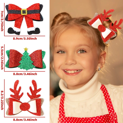 Christmas Glitter Bow Hair Clip Santa Elk Antler Snowflake Snowman Christmas Tree Berry Star Hairpin Kids Party Hair Accessory