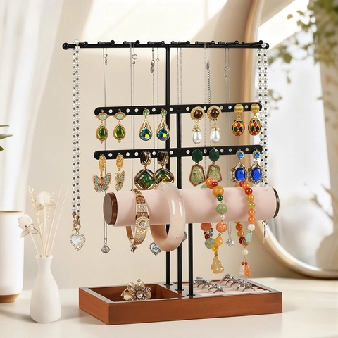 Jewelry Display Stand With Metal Hooks Wood Base And Velvet Bar For Necklace Earring Bracelet Watch Ring Storage Organizer