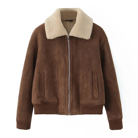 Giacca Aviatore da Donna in Finta Pelle di Montone Revers Scamosciato Cerniera Bomber Cappotto Spesso Caldo Streetwear Manica Lunga