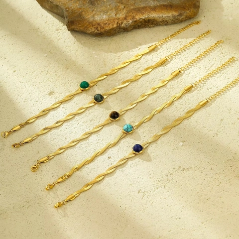 Bracciale in Oro Intrecciato a Catena Piatta in Acciaio Inossidabile di Moda Occidentale Con Intarsio in Pietra Naturale Tonda Gioielli Donna Regolabili