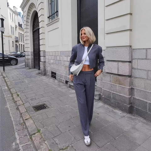 Damen Nadelstreifen Kurzjacke Und Weite Hose Mit Hoher Taille Business Casual Büro Outfit Mode