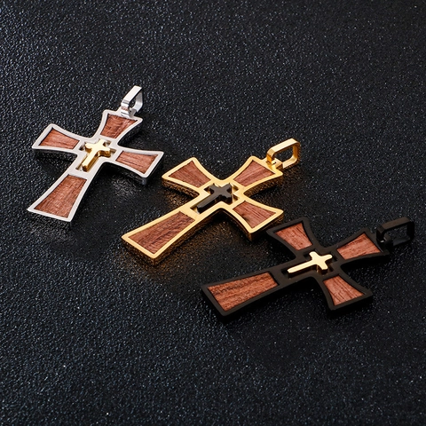 Collar Con Colgante De Cruz Vintage Para Hombre Acero Inoxidable Con Incrustaciones De Madera Joyería Punk