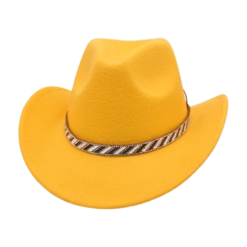 Chapeau De Cowboy Occidental Pour Femmes Hommes Feutre Fedora À Bord Large Avec Bande Strass Rayée Style Rétro