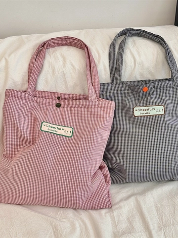 Bolso Tote Cuadros Mujer Lona Patrón Rejilla Bolso Hombro Cierre Botón Magnético Casual Estilo Coreano Handbag