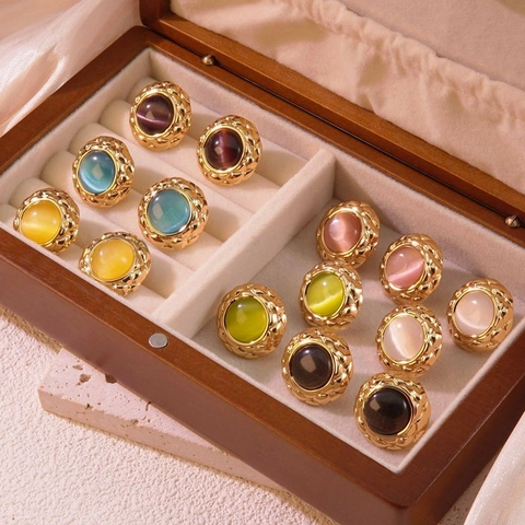 Vintage Round Stud Earrings Stainless Steel Quilted Texture Gold Plated Colorful Geometric Retro Style For Women
