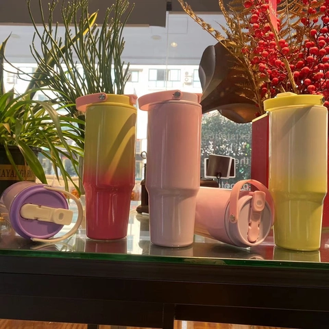 Stainless Steel Vacuum Insulated Tumbler Gradient Color Travel Mug With Portable Handle And Dual Use Lid For Car Office