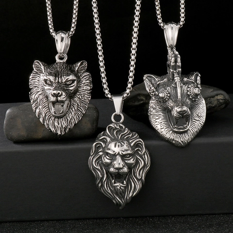 Men Stainless Steel Lion Wolf Bear Animal Head Pendant Necklace Punk Gothic Vintage Biker Jewelry