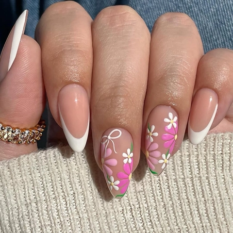 Press On Nails Lange Amandel Franse Tip Wit Bloemenpatroon Roze Strik Ontwerp Verwijderbare Kunstnagels Mode Voor Dames