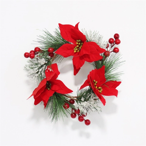 Artificial Christmas Wreath Candle Ring Red Poinsettia Satin Flower PVC Pine Needle Frosted Snow Foam Berry Decor